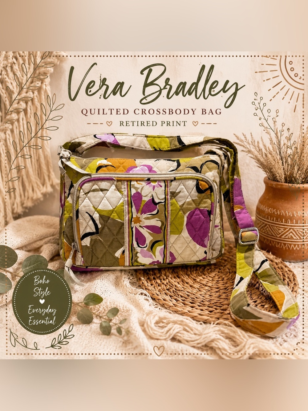 Vera Bradley Quilted Floral Crossbody Bag Pink Green Beige Retired Print